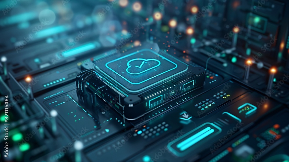 Futuristic cloud computing server with glowing circuit, representing advanced technology and data processing in a high-tech environment. Futuristic cloud computing server with glowing circuit, representing advanced technology and data processing in a high-tech environment.