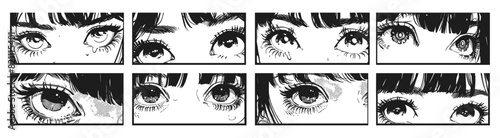Asian girl anime look ink sketch vector set. Eyes view emotions female face bangs manga frame comic monochrome grayscale black color character, concepts isolated on white background