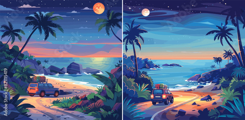 Beach night trip cartoon vector scenes. Car SUV roof luggage palm trees mountains sky sea coast, auto travel ocean lagoon vacations romantic adventure concepts