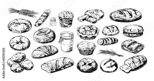Baking pencil ink sketch vector set. Bread bun flour wheat bagel dough loaf muffin rye bakery products, illustration isolated on white background