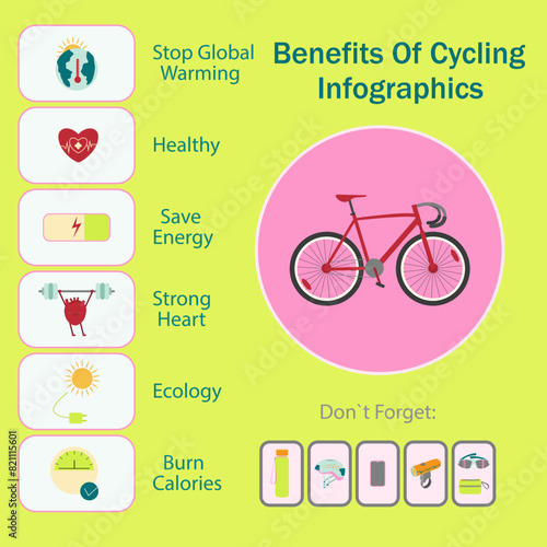 Infographics with icons. The benefits of cycling. Using a bicycle. Block diagram. Vector illustration on a light background. Bicycle accessories.