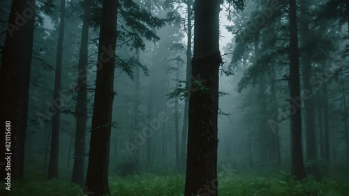 view of dark clouds with lightning striking in the forest