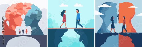 Changing opinions cartoon vector illustration. Bridge man woman making decision, confused characters other side moving outlook ideology concepts