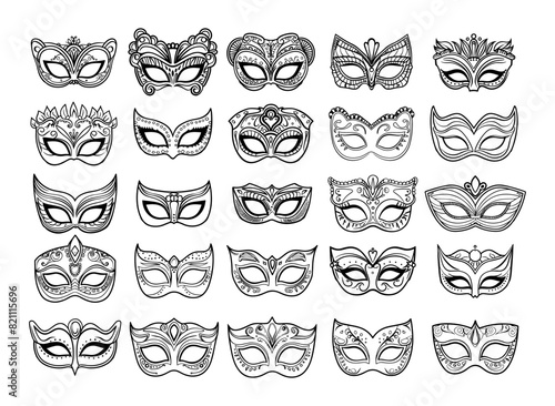 Carnival masks line sketch vector set. Venetian masquerade concealment hiding face incognito lace patterns anonymous monochrome accessory isolated on white background