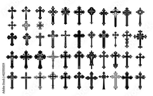 Christian crosses black silhouettes vector set. Creed catholic protestant orthodox release cult church accessory, monochrome icons isolated on white background