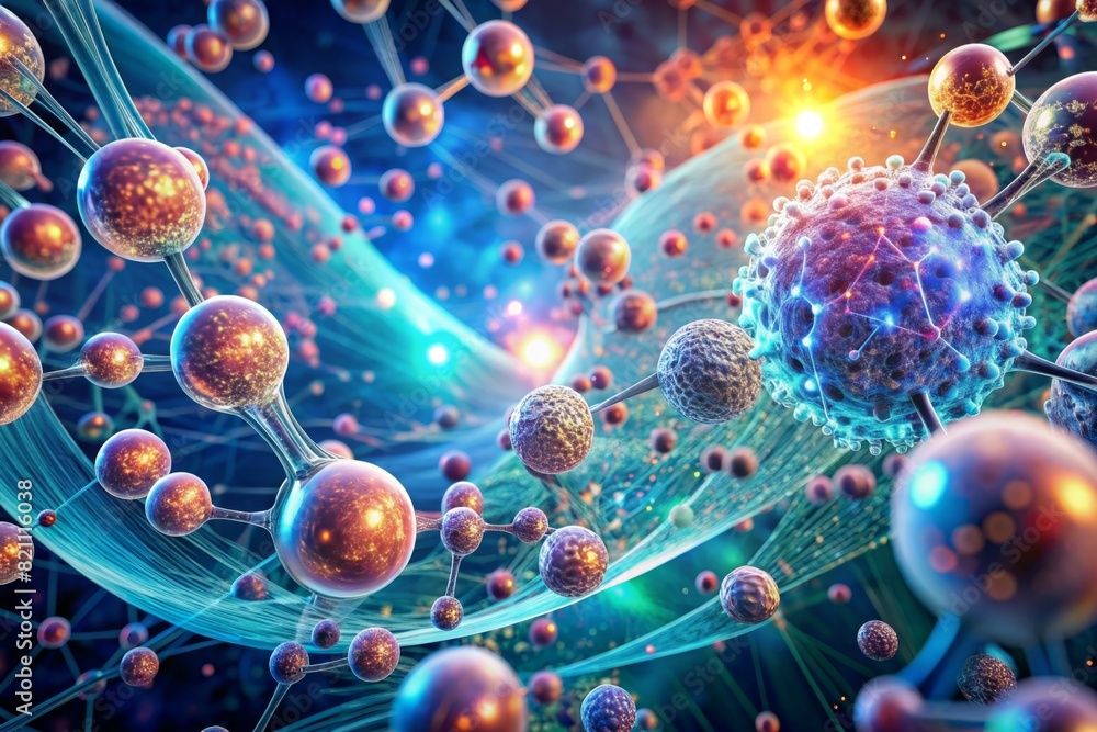A futuristic illustration of molecules passing through a human cell membrane via transport proteins, with a focus on digital effects to enhance the visualization. A futuristic illustration of molecules passing through a human cell membrane via transport proteins, with a focus on digital effects to enhance the visualization.