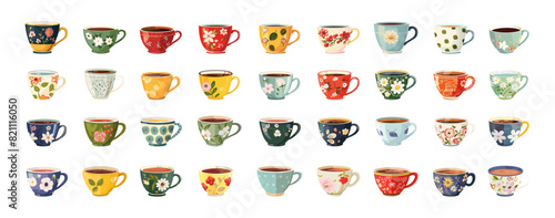 Cups cartoon style vector set. Porcelain ceramic ceremony tea party coffee mugs kitchen equipment tableware illustration isolated on white background