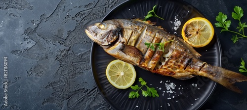 A deliciously grilled whole fish presented on a black plate accompanied by lemon slices and fresh herbs