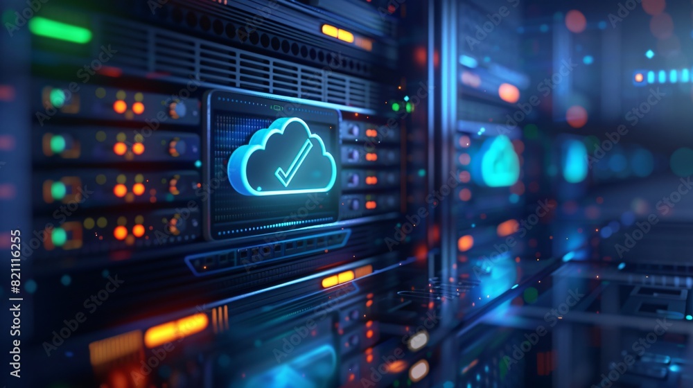 Obraz premium Modern server room with data center technology. Cloud computing and networking concept with illuminated cloud icon on server rack.