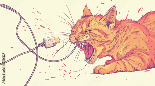 Cat gnawing or eating wire with plug. Funny naughty kitten photo