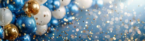 Light blue, navy blue and gold balloons with glitter. photo