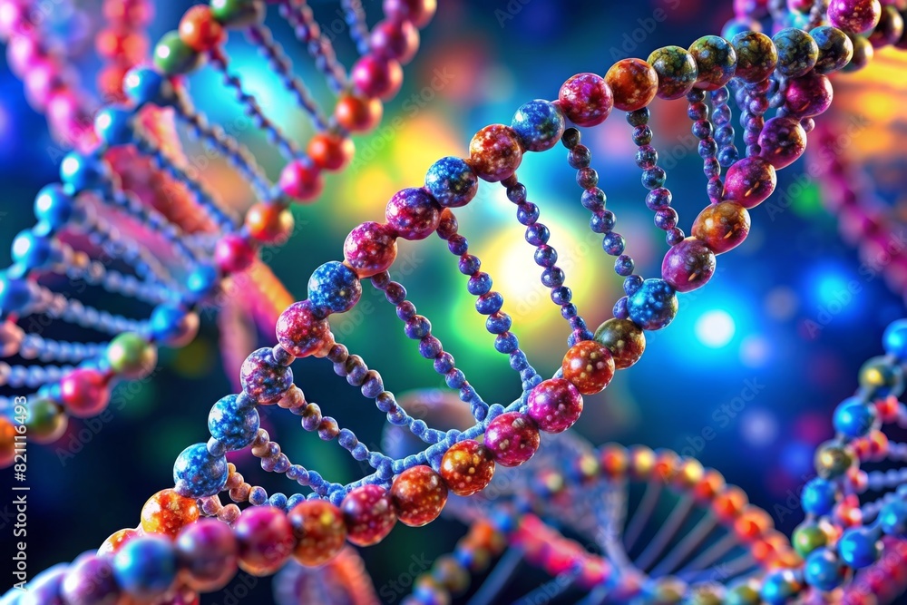 A close-up view of a DNA double helix, highlighting the intricate structure and vibrant colors representing the genetic code A close-up view of a DNA double helix, highlighting the intricate structure and vibrant colors representing the genetic code