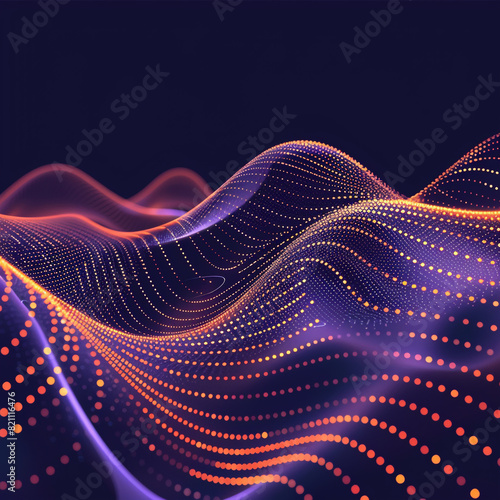 Generate a flowing particle design on a rhythmic curve, set against a halftone gradient background, to represent modern technology and aesthetics.