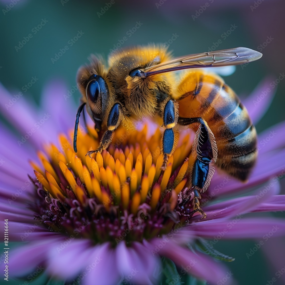 Macro photography of a honeybee with clear details on a purple coneflower, highlighting textures and colors Macro photography of a honeybee with clear details on a purple coneflower, highlighting textures and colors