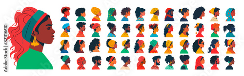 Ethnic diversity avatars cartoon vector set. Men women turbans scarves capes headdresses dark light skin faces profiles racial multicultural multinational characters, illustrations isolated