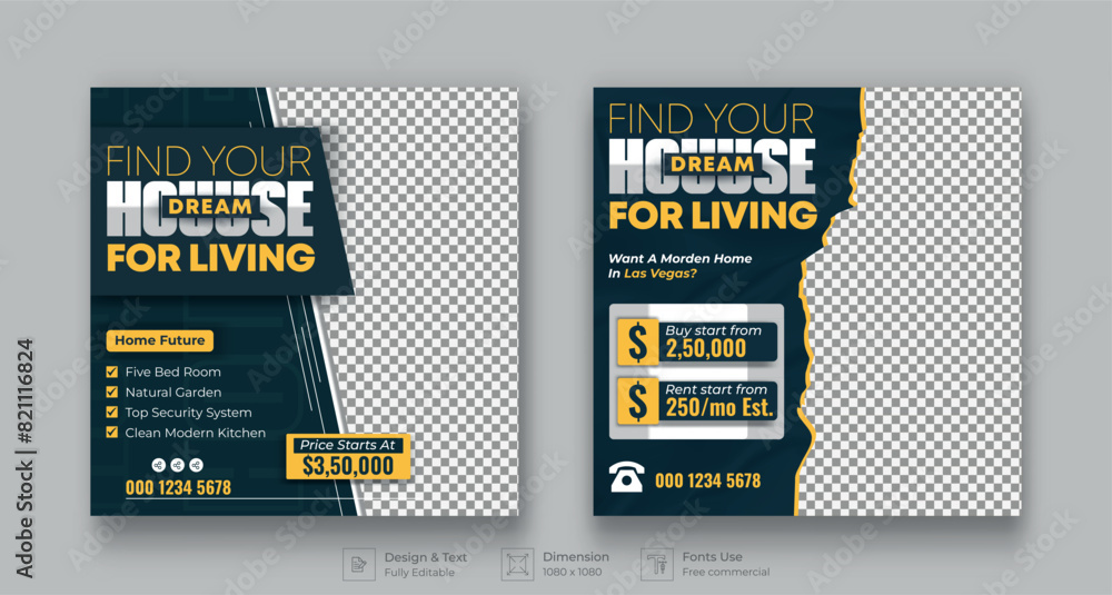 Fototapeta premium Set of Real estate social media post banner template. Modern home square Minimal and Trendy social media layouts. Instagram post. Facebook banner.
