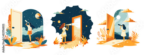 Future vision cartoon vector concepts. Girl looking plants clouds back view telescope open door space planet visionary pathfinding search planning character, bright illustration isolated on white