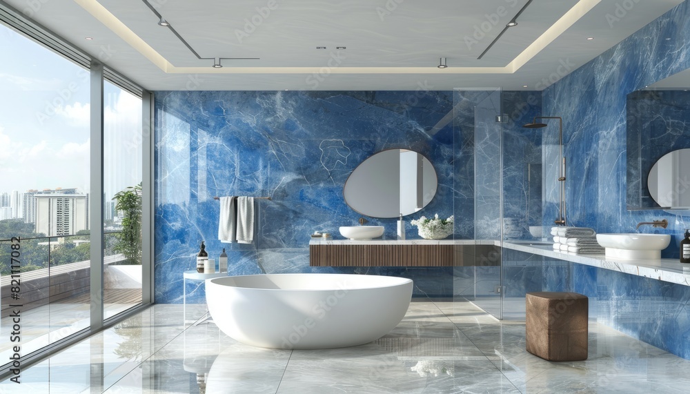 Modern bathroom with blue marble tiles and a white freestanding tub ...