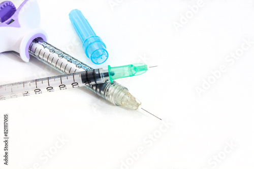 two syringes used for aesthetic medicine, isolated on white with copy space on right
