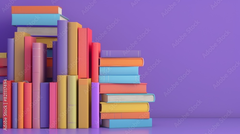 The 3D rendering shows a collection of colorful books in purple against a purple background The 3D rendering shows a collection of colorful books in purple against a purple background