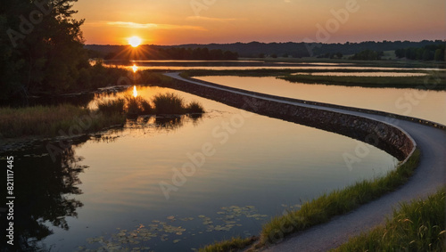 Sunset over a tranquil lake with a winding road