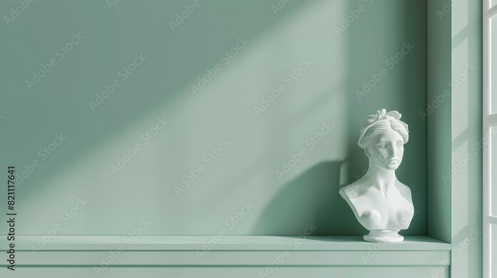 Fototapeta premium Women sculpture on white window on green wall background. Minimal concept, 3D rendering.