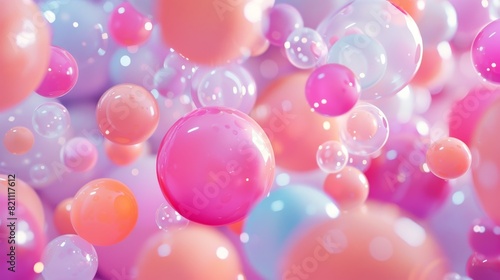 Abstract colorful spheres wallpaper and background. Pattern design for poster, flyer, banner, card, cover, brochure. Plastic bubbles, gum, pastel pink spheres.