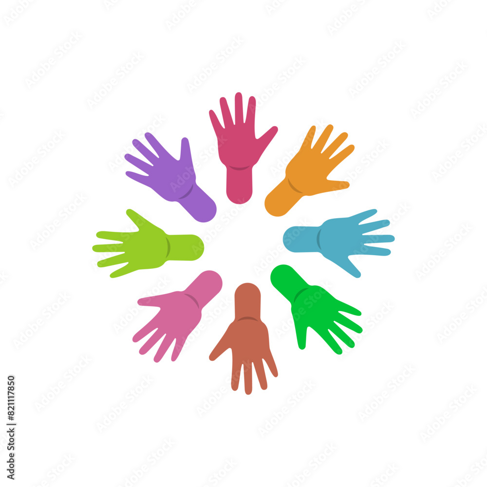 Circle of colored handprints. A circle made from the palm prints of hands of different random colors. Vector illustration on a white background. Circle of colored handprints. A circle made from the palm prints of hands of different random colors. Vector illustration on a white background.