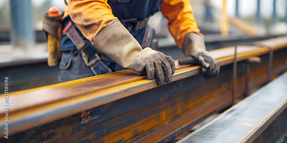 Inspect Hand Rails Worker ensures quality of newly painted rails, depicting inspection and ...