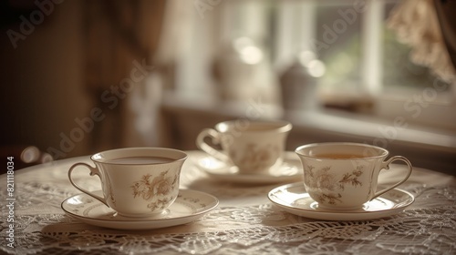 Vintage Tea Party Elegance  Ceramic Tea Warmers  Porcelain Cups  Lace Tablecloth in Sepia Tone Nostalgia