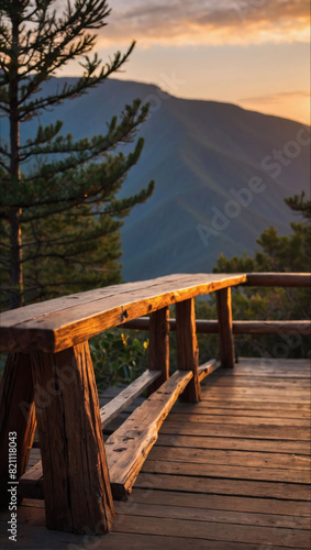 Sunset-lit wooden porch extending over a high mountain cliff