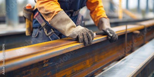 Worker ensures quality of newly painted rails, depicting inspection and maintenance tasks photo