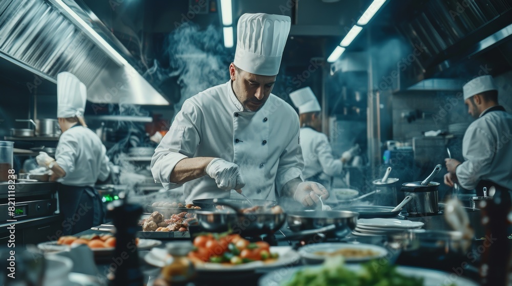 The chef works in a big restaurant kitchen with his apprentices. They are surrounded by food, vegetables, and boiling dishes. The chef works in a big restaurant kitchen with his apprentices. They are surrounded by food, vegetables, and boiling dishes.