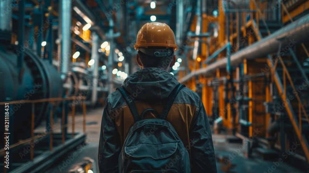 An industrial worker wearing a hard hat walks through a factory. An industrial worker wearing a hard hat walks through a factory.