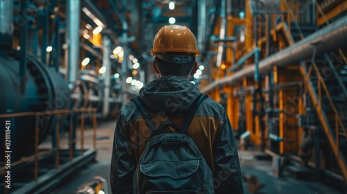 An industrial worker wearing a hard hat walks through a factory.