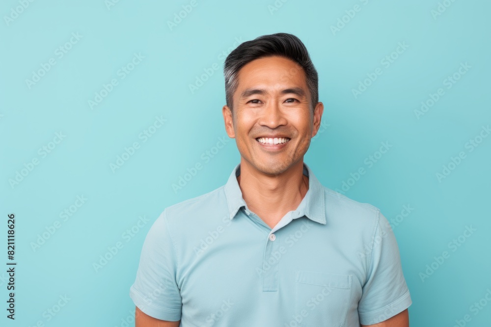 Portrait of a blissful asian man in his 40s smiling at the camera isolated on solid pastel color wall Portrait of a blissful asian man in his 40s smiling at the camera isolated on solid pastel color wall