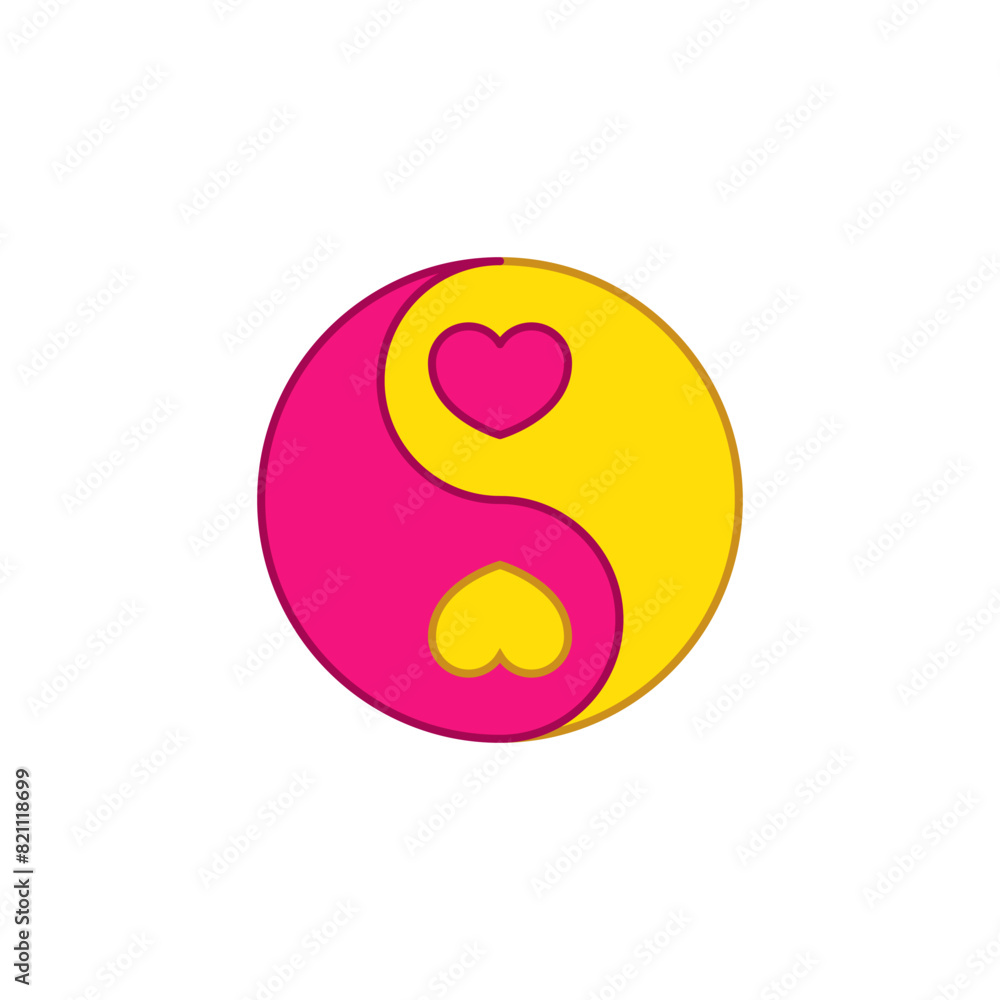 Yin Yang symbol with two hearts inside. Yellow and pink colors. Vector illustration on a white background. Yin Yang symbol with two hearts inside. Yellow and pink colors. Vector illustration on a white background.