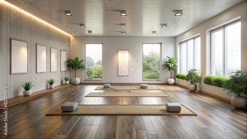 A serene yoga studio with hardwood floors and soft lighting  featuring a blank frame on the wall  offering a minimalist and calming space for practice and meditation