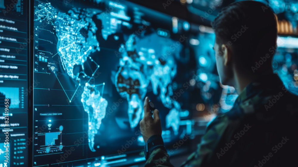 Monitoring and managing security technology in a military surveillance hub headquarters. Concept Military Surveillance Monitoring and managing security technology in a military surveillance hub headquarters. Concept Military Surveillance