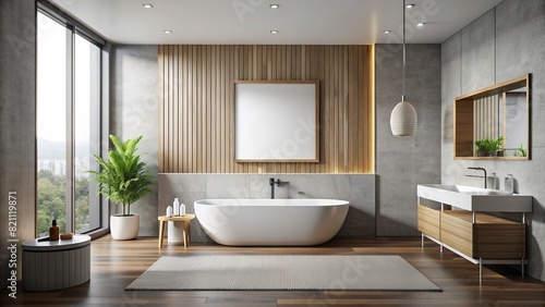 A minimalist bathroom interior with clean lines and a blank frame on the wall  providing a serene and professional environment