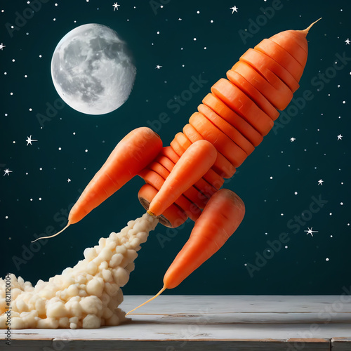 A rocket made of carrots is taking off from the ground  photo