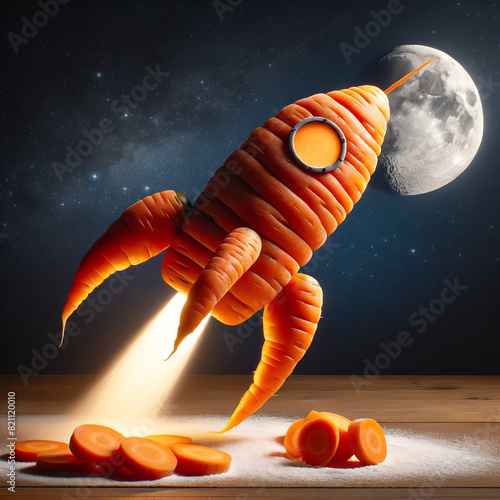A rocket made of carrots is taking off from the ground  photo