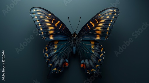 The dark blue butterfly with yellow and red accents spread its wings. © admin_design