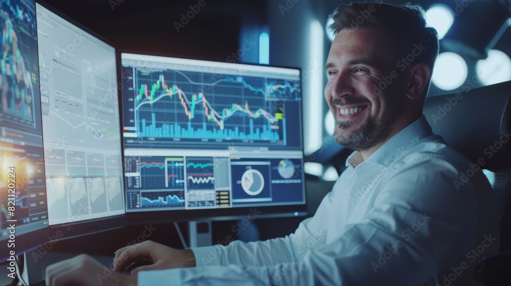 He works on a computer with a transparent display displaying interactive line charts and other useful data. His office is bright and clean. He works on a computer with a transparent display displaying interactive line charts and other useful data. His office is bright and clean.