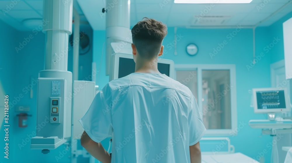 An X-Ray machine is being adjusted in a modern hospital while a patient stands against the wall while the medic adjusts it for scanning. This type of scanning is used to detect fractures, broken An X-Ray machine is being adjusted in a modern hospital while a patient stands against the wall while the medic adjusts it for scanning. This type of scanning is used to detect fractures, broken