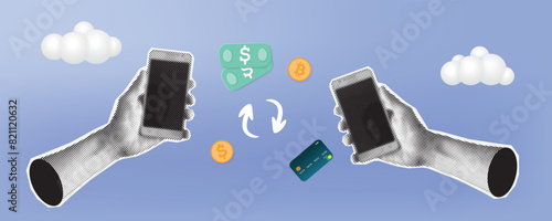 Online payment on online money or cryptocurrency transfer or currency exchange concept with two hands coming out of smartphone pass each other a golden coin. Minimalistic collage vector illustration
