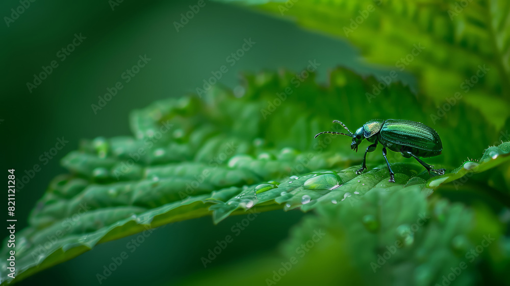 Metallic Green Beetle Crawling Steadily on a Vibrant Leaf, Showcasing Balance and Strength Under Sunlight, Highlighting the Delicate Beauty of Nature Metallic Green Beetle Crawling Steadily on a Vibrant Leaf, Showcasing Balance and Strength Under Sunlight, Highlighting the Delicate Beauty of Nature