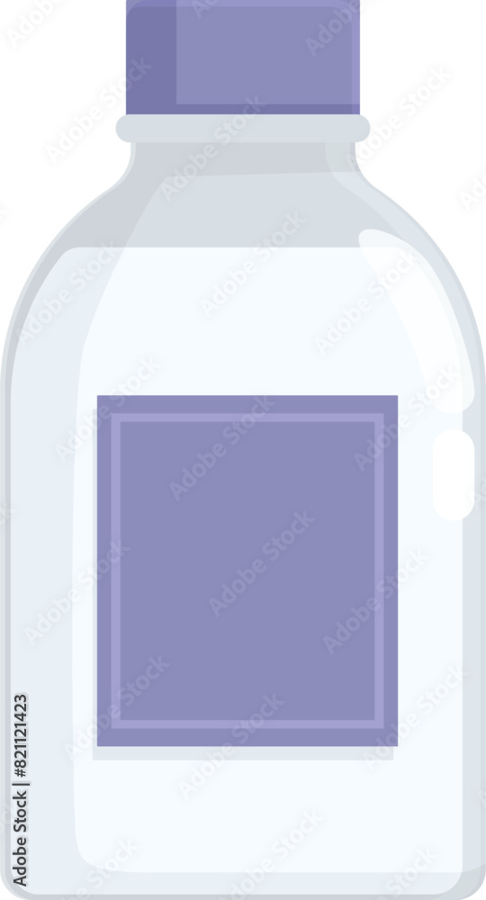 Flat design illustration of a transparent medicine bottle with a blank label and purple cap Flat design illustration of a transparent medicine bottle with a blank label and purple cap