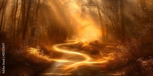 Illuminated Path Through Dense Forest  Sunlight Filtering into Mist. Concept Enchanted Forest  Sunbeams  Mystery  Nature Walk  Misty Morning
