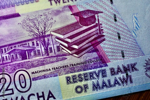 Malawian type banknote currency called Malawi Kwacha. Domasi Teachers Training College building and tree; stack of books and mortarboard